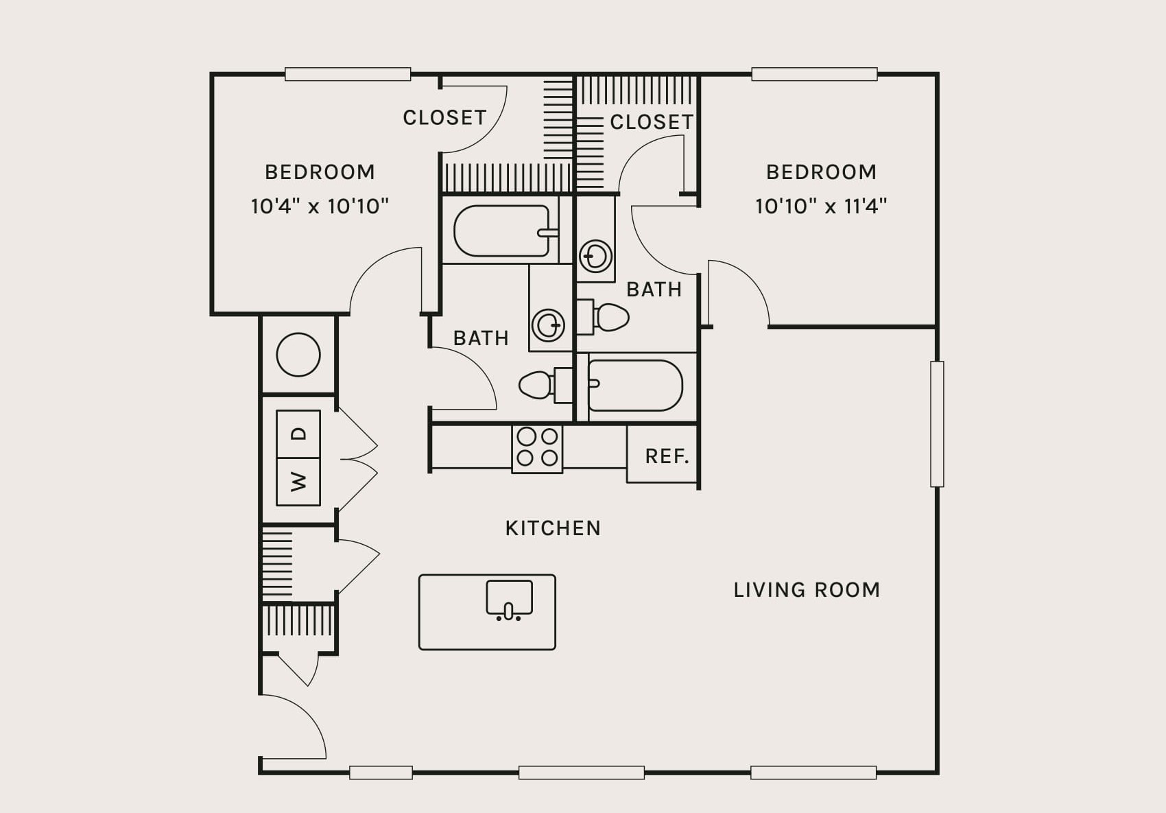 Floor plan for 2 beds, 2 baths, 1084 sqft
